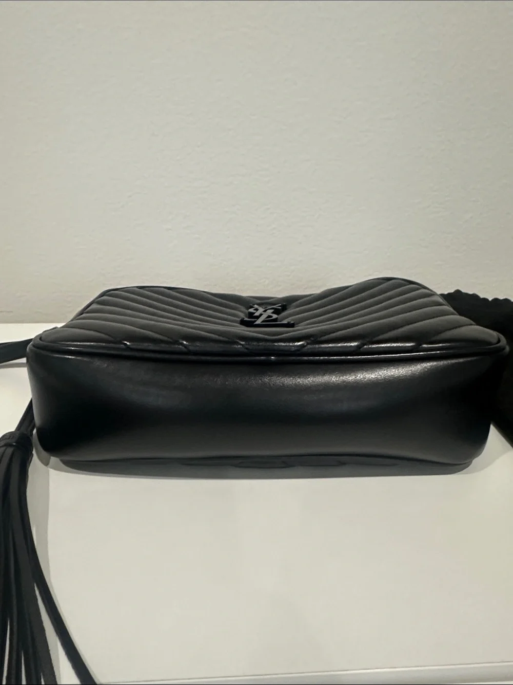 Saint Laurent Black Chevron Quilted Leather Crossbody with Tassel